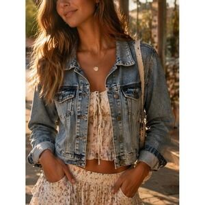 Free People Womens Denim Jacket Blue Medium Cropped Indie Streetwear Western